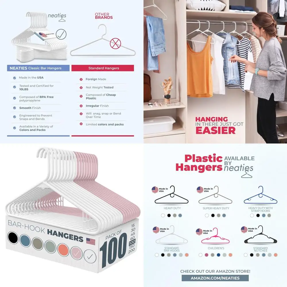 

Набор из 100 пластиковых вешалок для одежды (платьев, нижнего белья, рубашек и брюк) производства США - белые и розовые