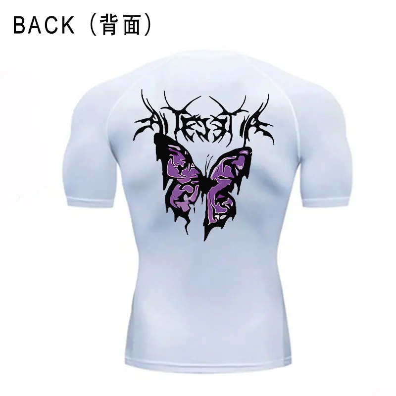 Butterfly Print Compression Tshirts GYM Tight Mens Running Fitness Summer T-shirts Y2K Sport Workout Sportswear Top Tee