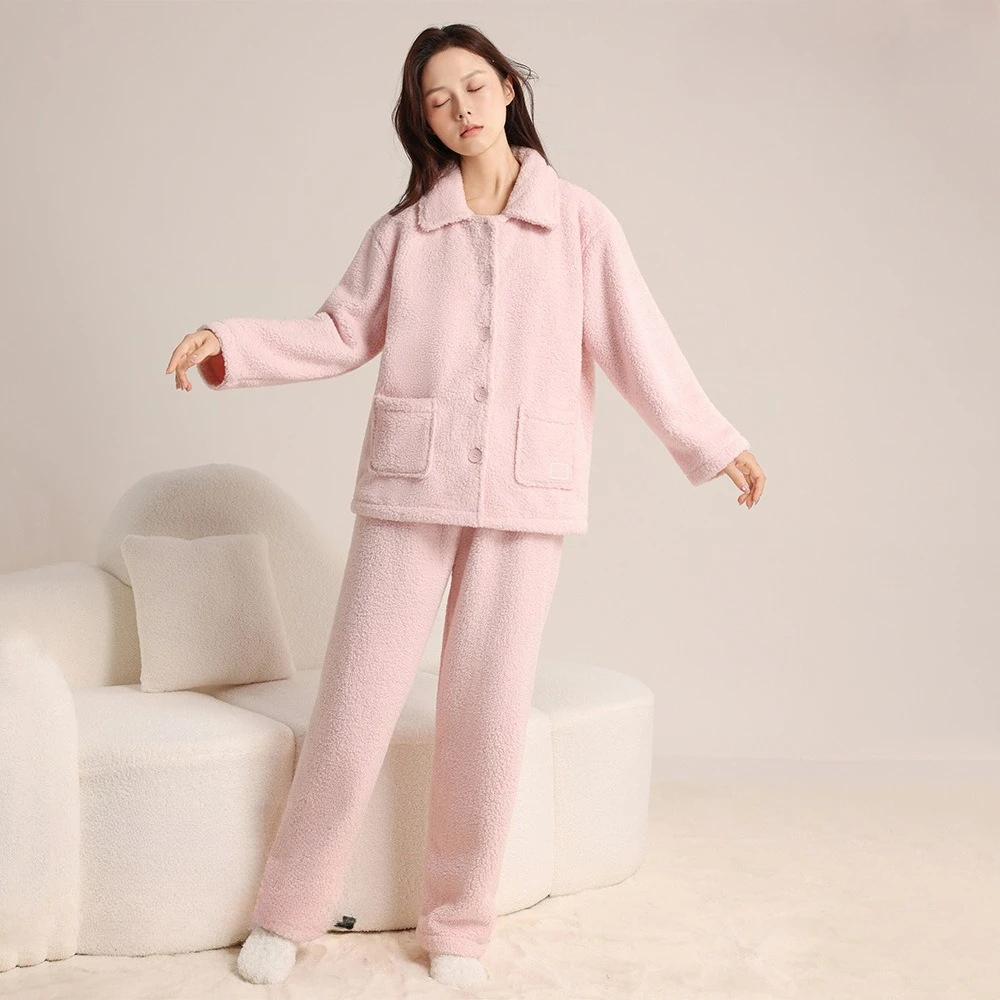 

Autumn and Winter Coral Velvet Sleepwear Women's Two Piece Set Double sided Velvet Long Sleeve Long Pants Warm Home Clothing Set