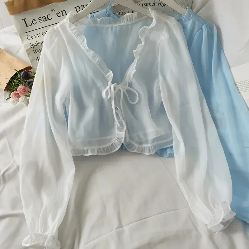 Sun-protection Long Sleeve Thin Breathable T-shirts Women Lace Bow Cardigan Blouse Clothing Ruffles Outwear Blouse for Covers