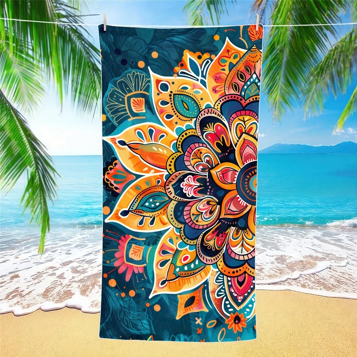 

Colorful Floral Beach Towel on BeachMicrofiber terry bath towels for yoga, travel, swimming, fitness and camping