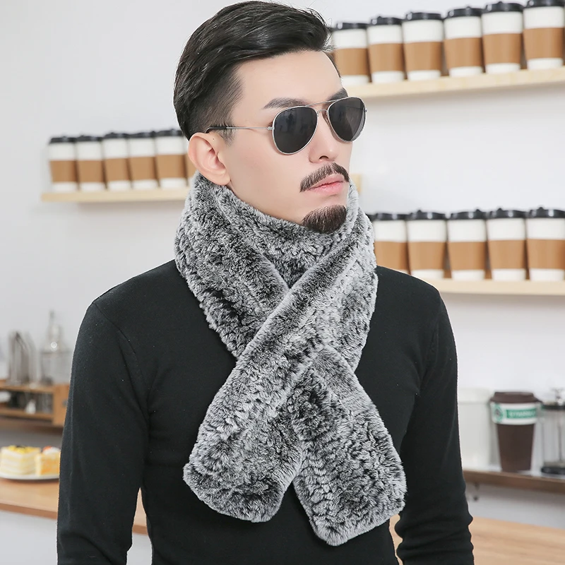 

Men's Real Rex Rabbit Fur Scarf Winter Warm Neckerchief Wraps Muffler Hand-Knit Black Grey