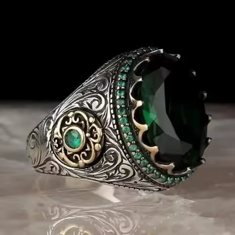 Retro Handmade Turkish Signet Ring For Men Women Ancient Silver Color Carved Eagle Ring Green Zircon Inlay Punk Motor Biker Ring