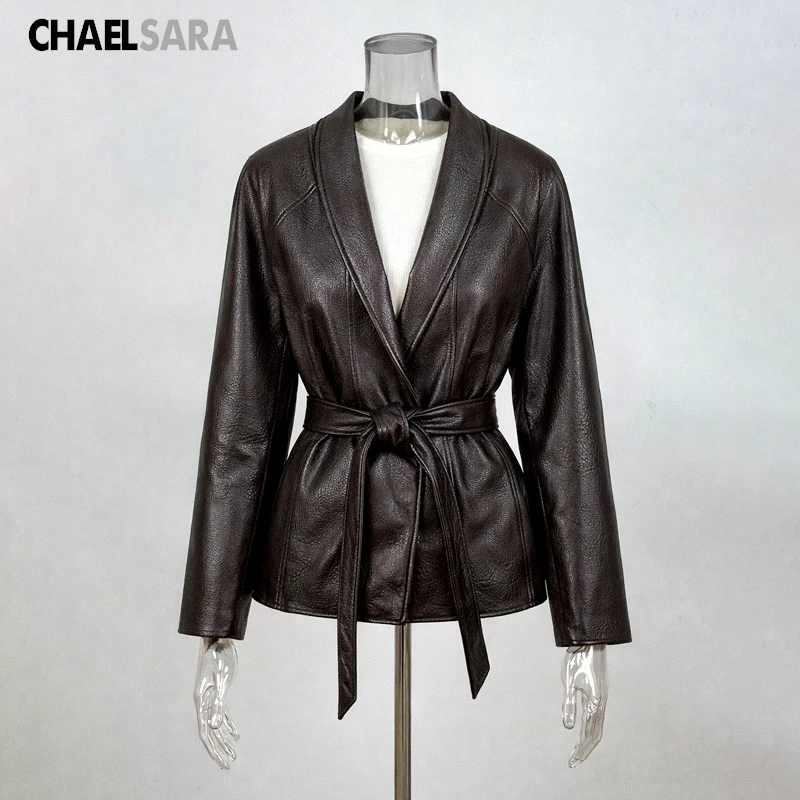 Women's Faux Leather Jacket Coat with Belt - Vintage V-Neck