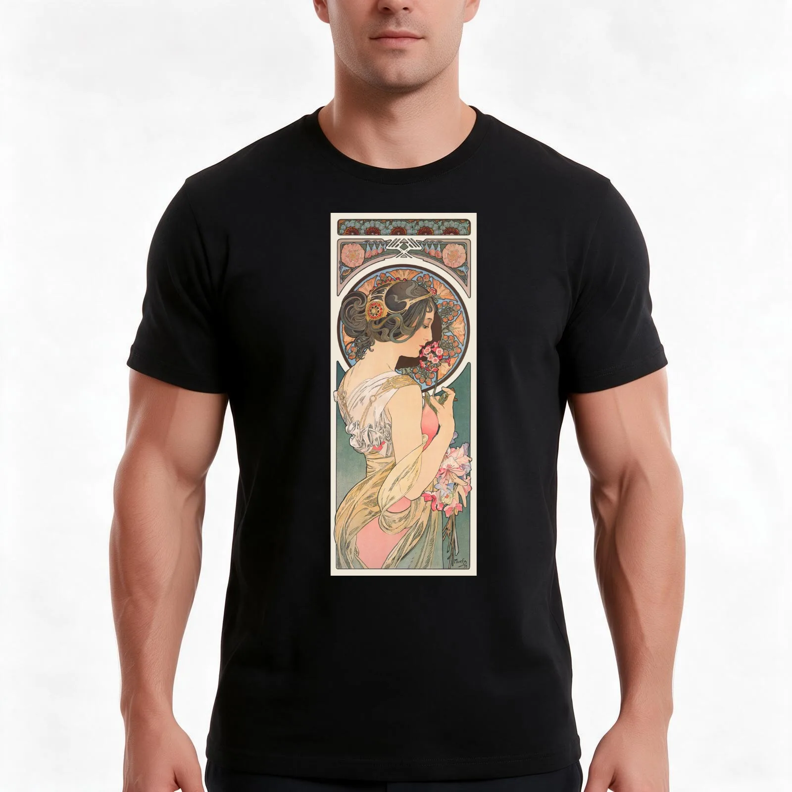 Primrose (1899) by Alphonse Mucha T-Shirt, Summer Casual Cotton Tee, Oversized Streetwear Tops, Vintage Graphic Print