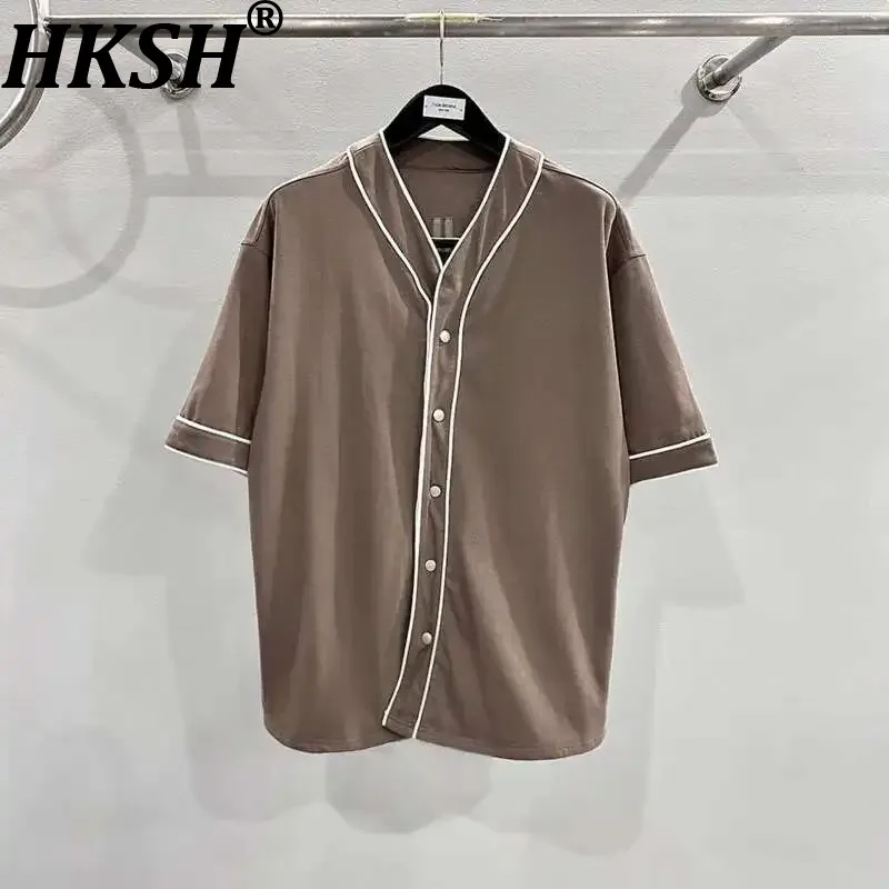 

HKSH Summer New Men Tide Darkwear Niche Design RO Stylish Shirt Short Sleeve Punk Single Breasted Stripes High Street Top HK2262