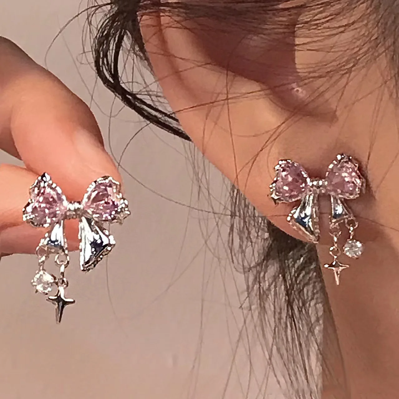 

New Y2K Bowknot Zircon Stud Earrings for Women Fashion Korean Silver Color Pink Crystal Personality Earring Party Jewelry Gifts