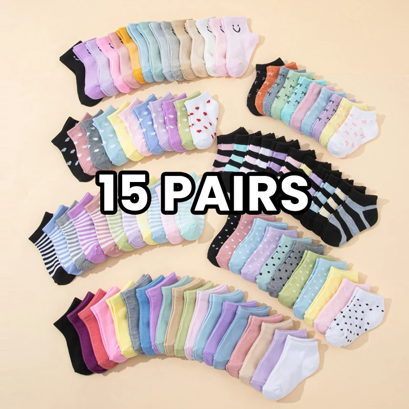 15Pairs Kids Ankle Socks Assorted Colors Striped Polka Dot Print Soft Cotton Breathable Low Cut Casual Socks for Girls & Boys