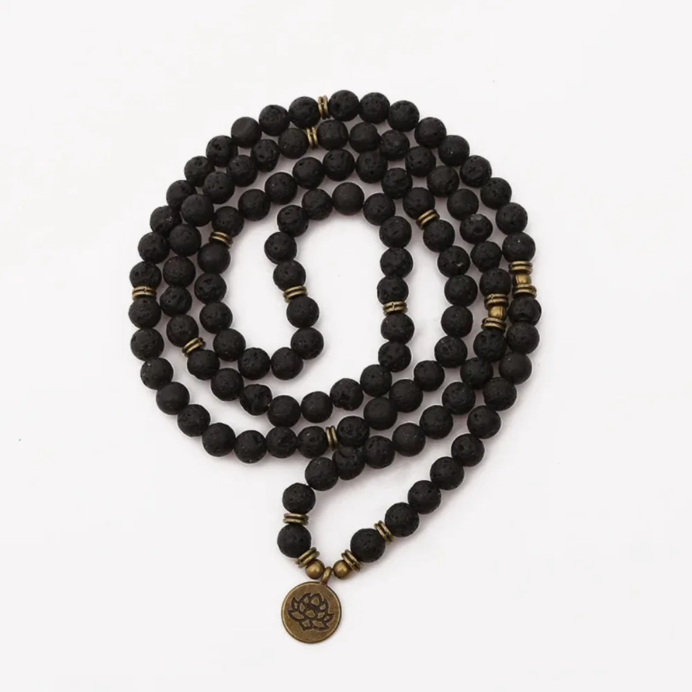 108 Beads 8 mm Lava Rock Stone Buddha Lotus Mala Bracelet for Women Men Strand Charm Bracelet or Necklace Fashion Jewelry