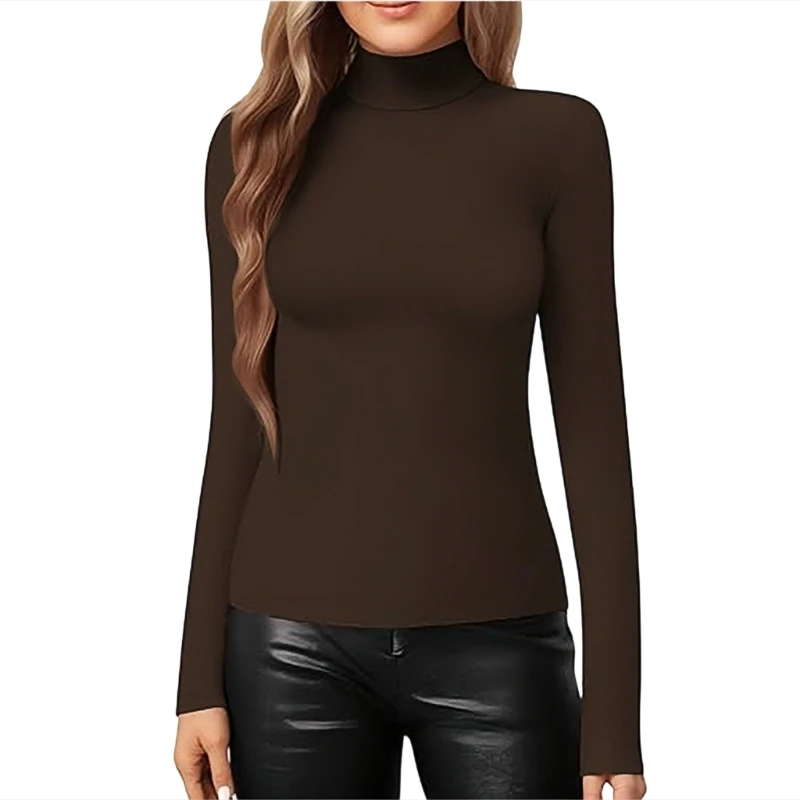 

HX6F Women's high-neck slim-fit long-sleeved shirt, fashionable fitted top, basic T-shirt