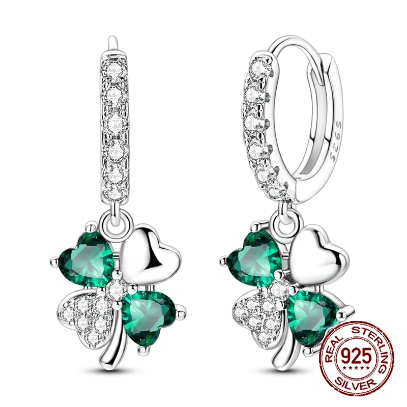 925 Sterling Silver Four Leaf Clover Dangle Hoop Earrings Green Huggie Hoops Paved CZ Lucky Earrings for Women Jewelry Gifts