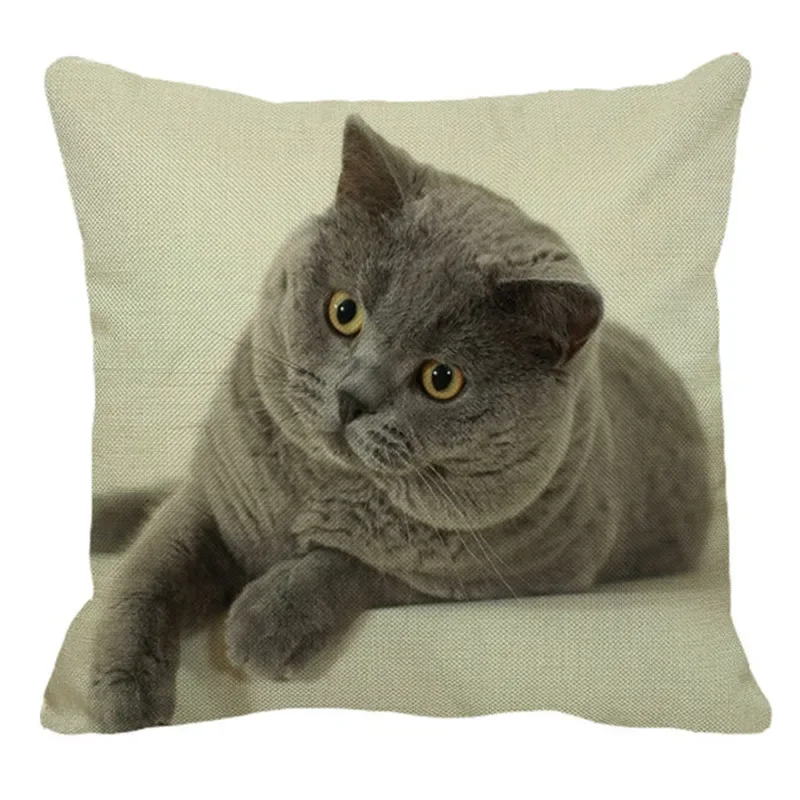 British Shorthair Cat Cotton Linen Sofa Throw Pillow Cover Sofa Decorative Pillowcase Animal Print Square Cushion Cover 45X45cm