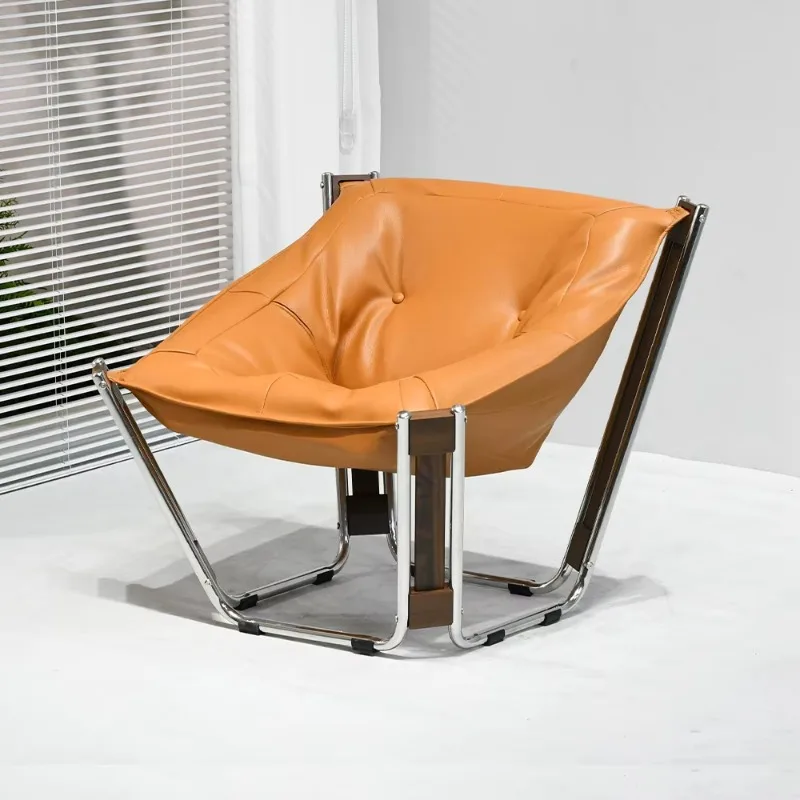 Modern Leather Lounge Chair Chrome Steel Frame High Back Single Armchair