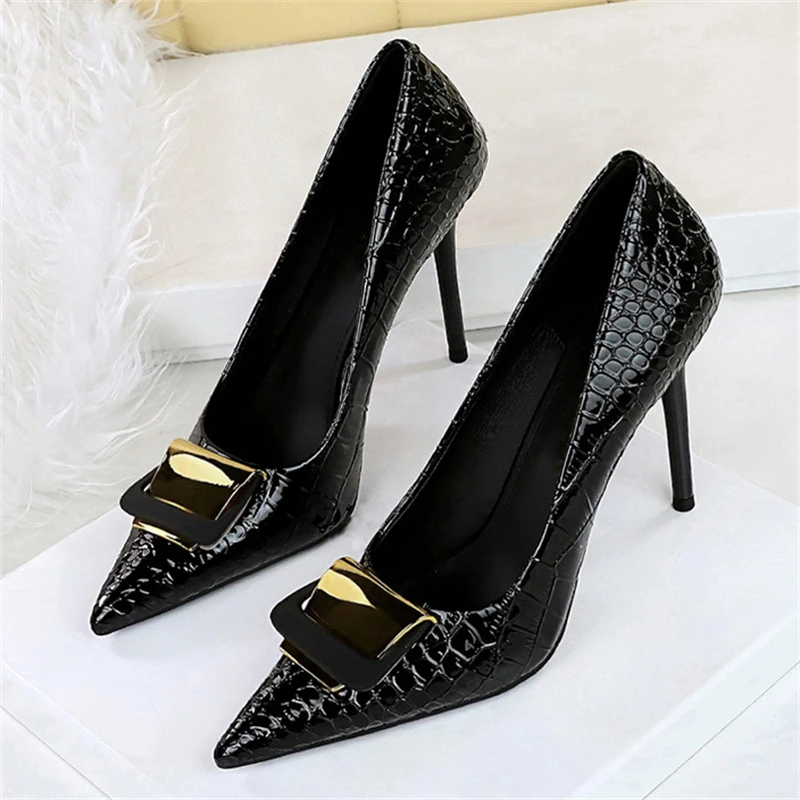 BIGTREE Metal Buckle Serpentine Patent Leather Women Pumps Stilettos High Heels Pointed Toe Party Shoes Zapatos Mujer