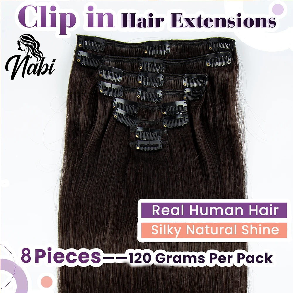 Nabi Clip in Hair Extensions 8pcs/set Straight Seamless Clips in Human Hair Full head Add in for Black Women