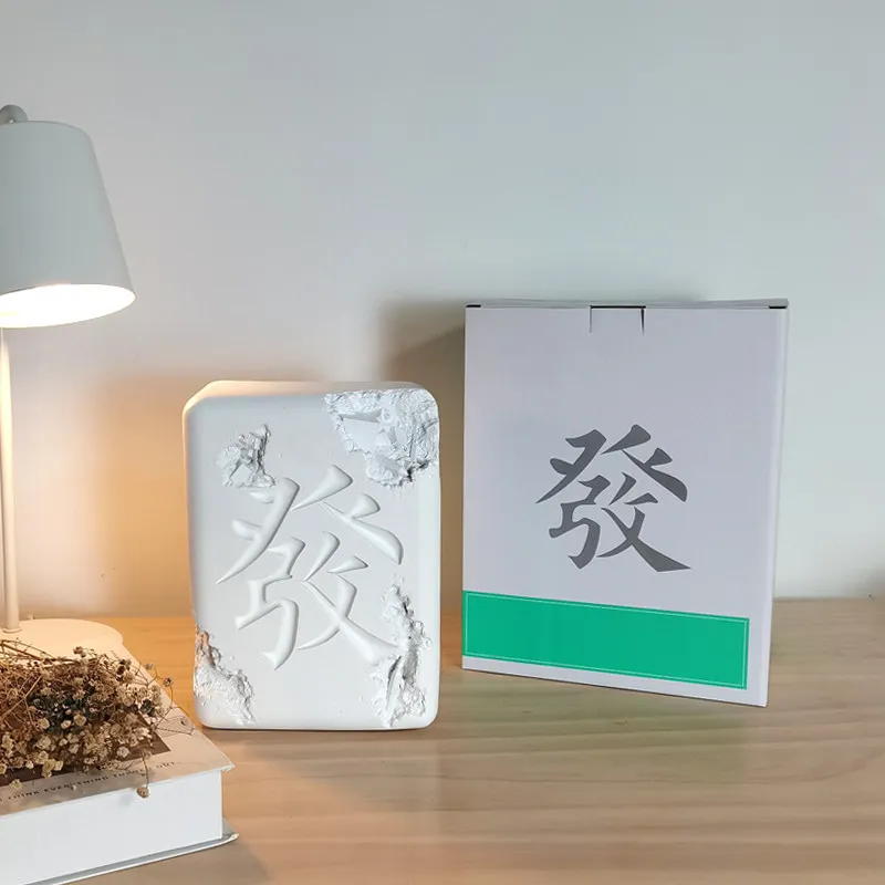 Cracked Effect Mahjong Fa Character Resin Statue Chinese Fortune Sculpture Modern Desktop Ornament Living Room Office Home Decor