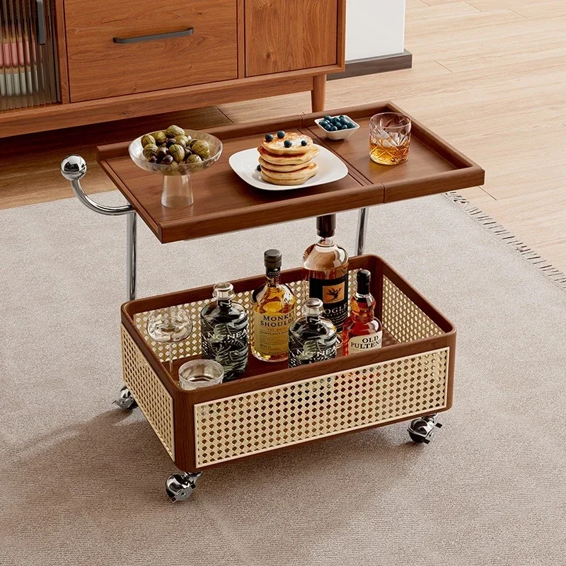 Solid Wood Side Table, Removable Storage, Second-hand Trolley, Living Room Sofa Storage Rack, Rattan Simple Dining Cart