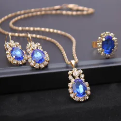 Gorgeous Multicolor Bridal Zircon Waterdrop Ring/Necklace/Earrings Jewelry Set for Women Anniversary Engagement Birthday Gifts