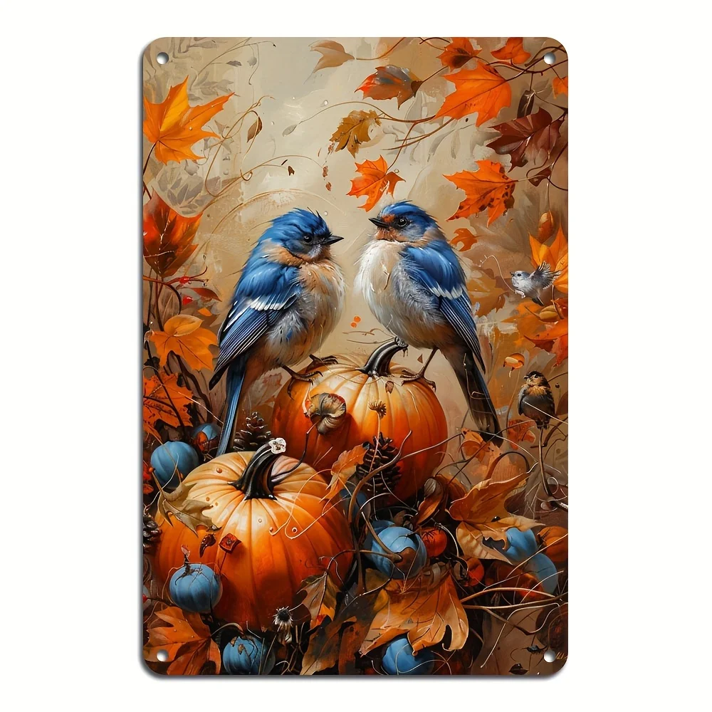 Autumn Birds & Pumpkins Iron Tin Sign,  Weather-Resistant Metal Wall Art, Reusable Indoor/Outdoor Thanksgiving Decor for Ages 1