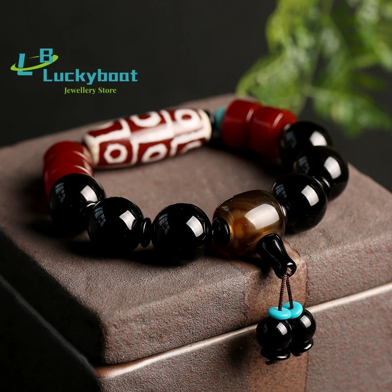 Natural Nine Eyes Dzi Bead Old Agate Bracelet Men and Women Retro Tibetan Black Agate Bracelet Bead Jewelry Wholesale