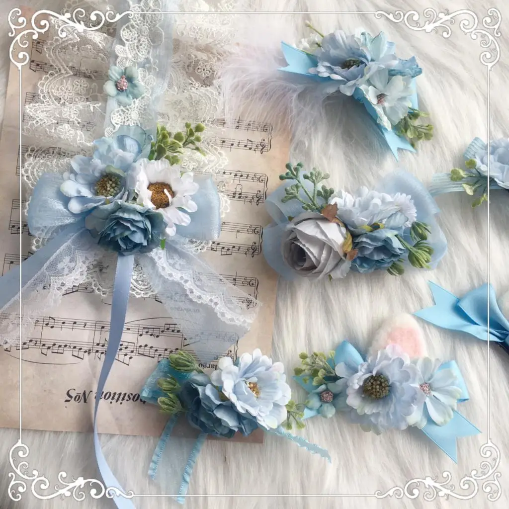 Original homemade luxuriant lolita elements with light blue lolita style headdress hairpin kawaii cute cat ears