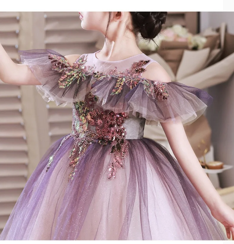 Flower Girls Birthday Party Princess Purple Off Shoulder Haftowana suknia ślubna Prom New Year Puszysta tiulowa sukienka dziecięca