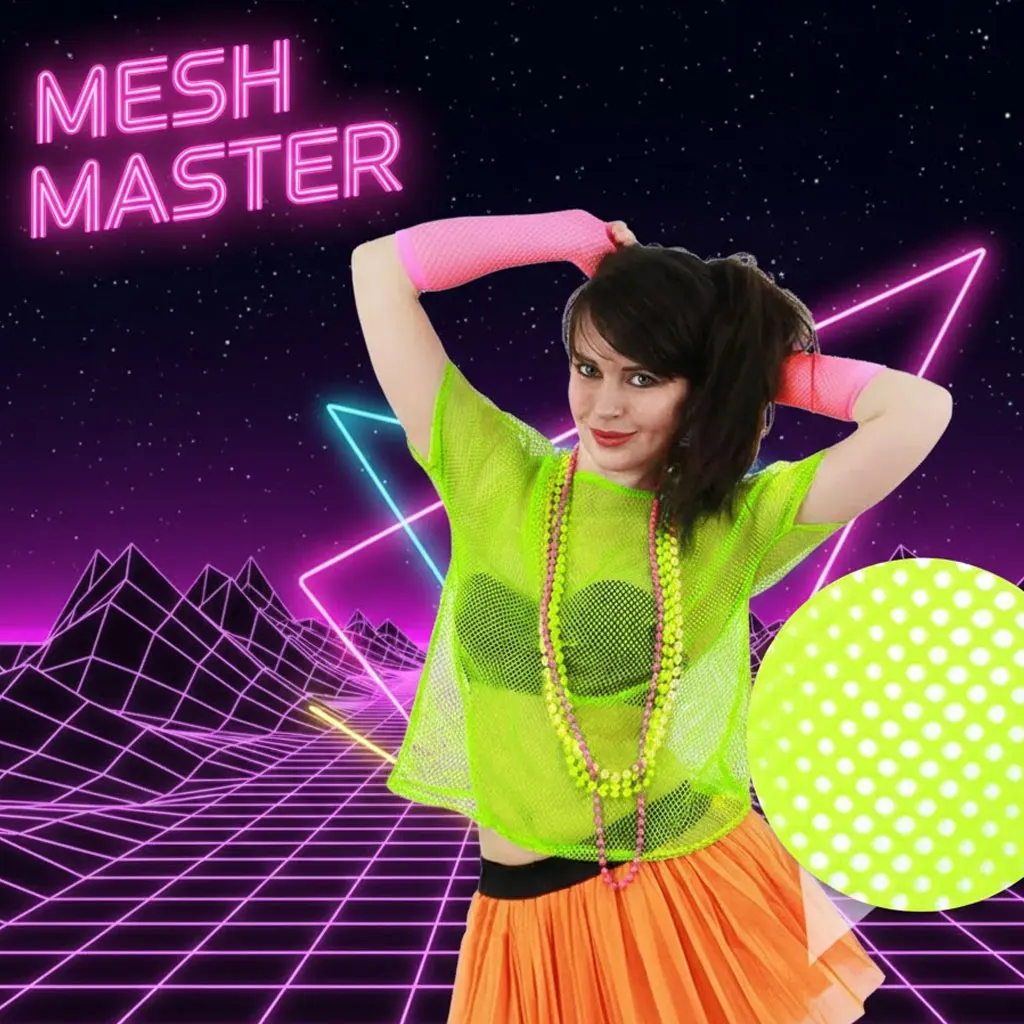 Camiseta de malla fluorescente estilo años 80 para mujer, ideal para carnaval, fiesta de graduación o otras fiestas.