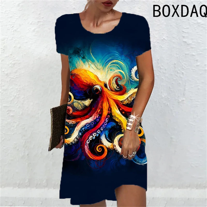 2024 New Summer Dress For Womens Fashion Abstract 3D Digital Printing A-Line Dress Large Size Short Sleeve O-Neck Casual Dresses