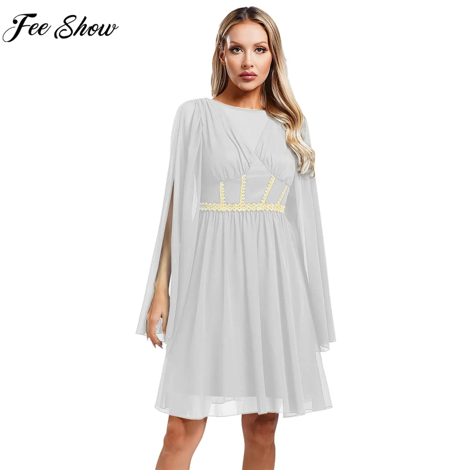 Women Halloween Greek Roman Goddesses Queen Cosplay Costume Church Choir Worship Dress Toga Built-in Pad Chiffon Cape Gown Robe