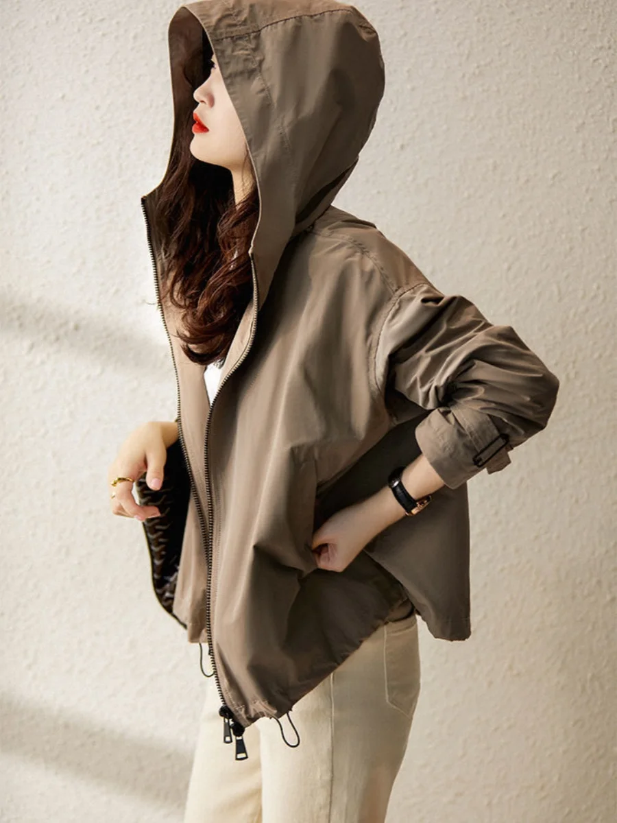 

2025 Autumn Woman's Jackets Korean Style Fashionable Hooded Zipper Solid Color Ladies Loose Trench Coat Casual Top