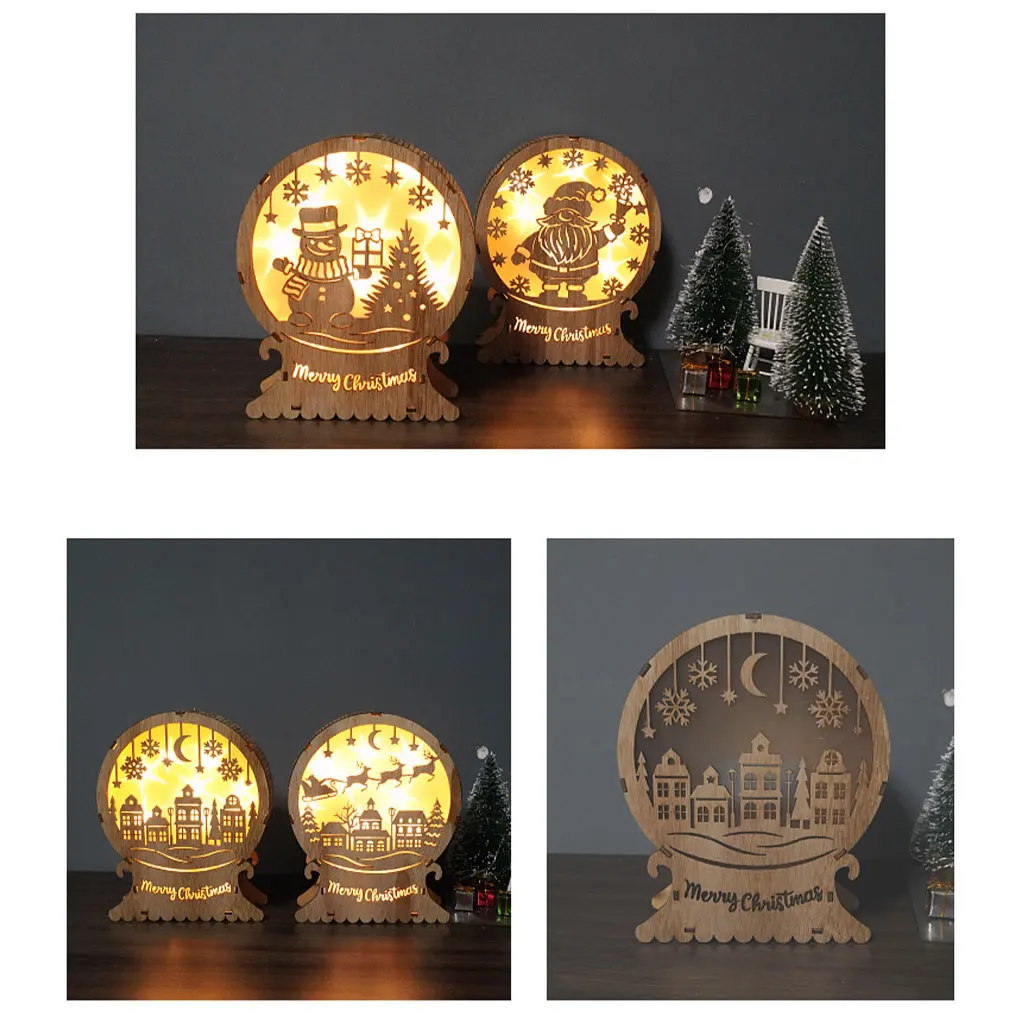 Ornements de Noël en bois évidés, lumière LED Elk, décorations éclairées, artisanat d'art de bureau, cadeaux de vacances