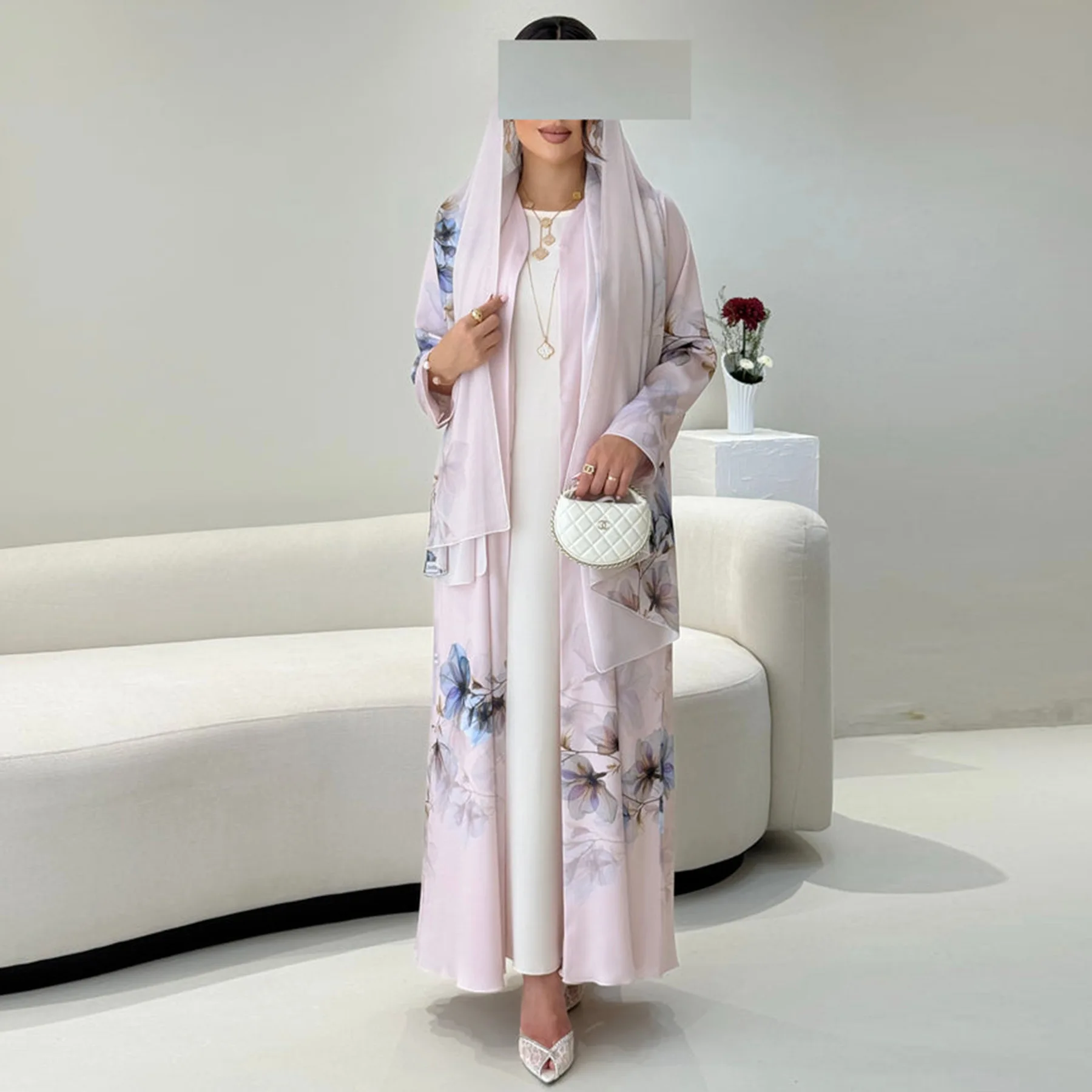 

New Front Open Abaya Set for Muslim Women Floral Printed Robe with Matching Hijab Stylish Islamic Clothing Women Abaya