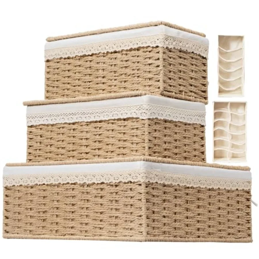 

Набор из 3 плетеных корзин с крышками для хранения, органайзеры из натурального ротанга для одежды и декора, с крышками