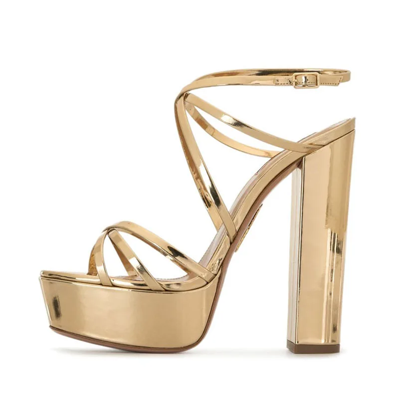 Arden Furtado 2024 Summer Metal leather Round toe Platform Cross strap Super high heel Belt buckle Open toe Sandals