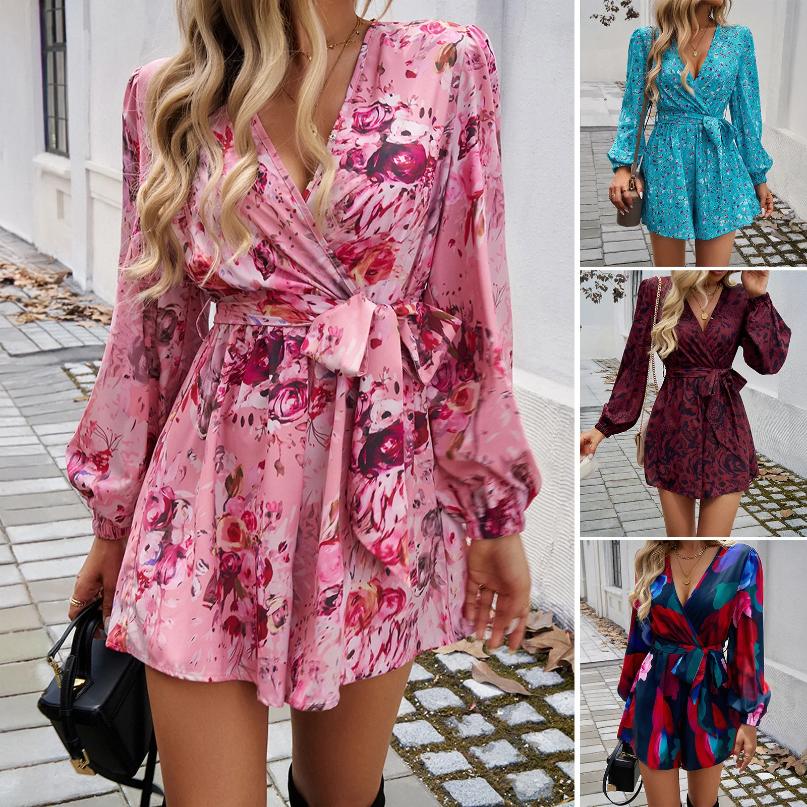 

Phantasy Autumn Floral Rompers Long Sleeved Ethnic Style Playsuits V Neck Lace Up Bohemia Outfit Loose Female Short Jumpsuit