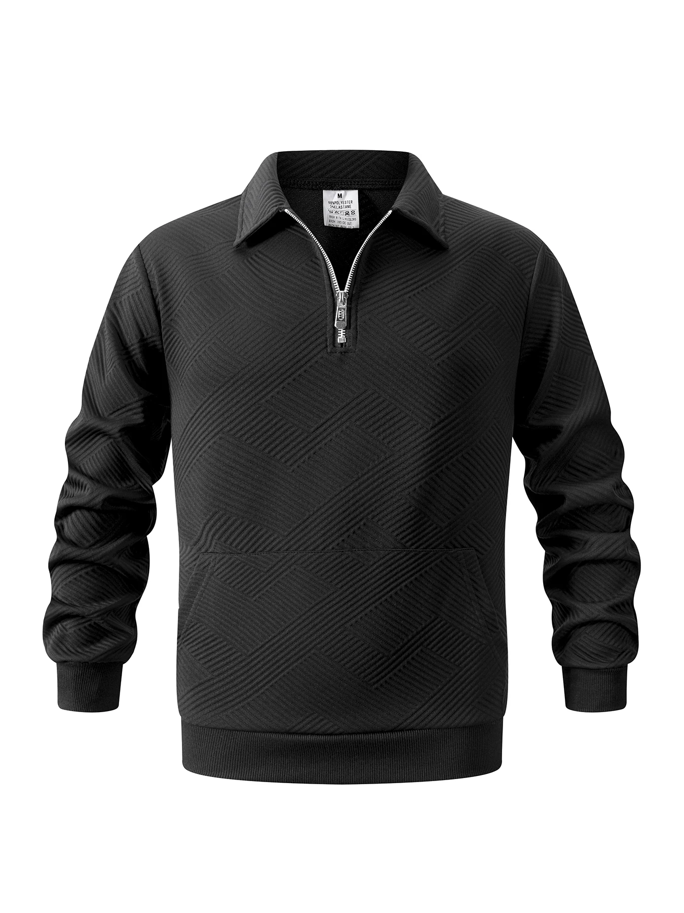 Herren Geometrischer Jacquard Viertelreißverschluss-Polo-Sweatshirt Langarm Gerippter Saum Kängurutasche Atmungsaktiver Strick-Freizeitpullover – Detail 17