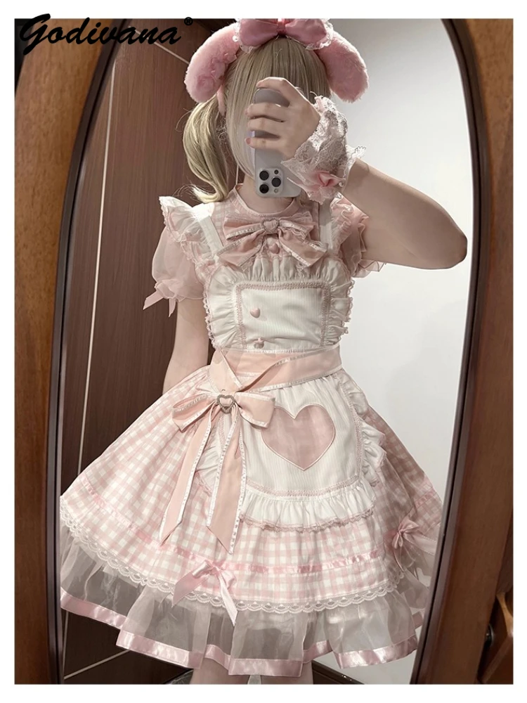 Original Plaid Maid Short Sleeve Mine Mass-Produced Short Sleeve Cute Dress New Summer Princess Pink Organza Dresses