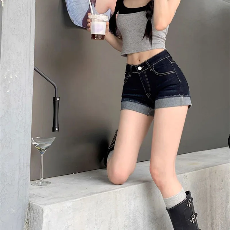 American Retro Edge Curl Jean Shorts Female Sexy Hot Girl Skinny Elastic Denim Shorts Woman Summer Deep Blue Washed Mini Jeans view 4