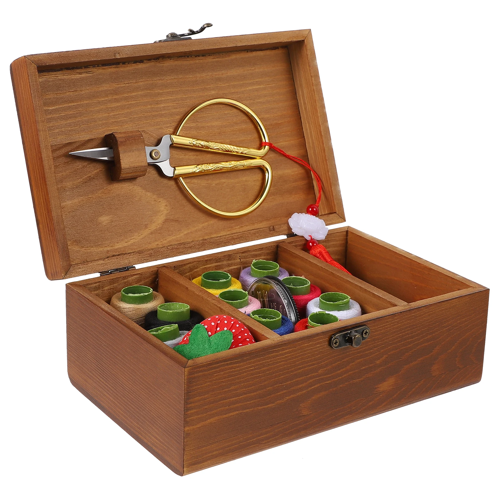 

Wooden Sewing Kit Storage Box Large Capacity H Stitching Supplies Quilting Needlework Case Tools Accessories Retro Horn Lock