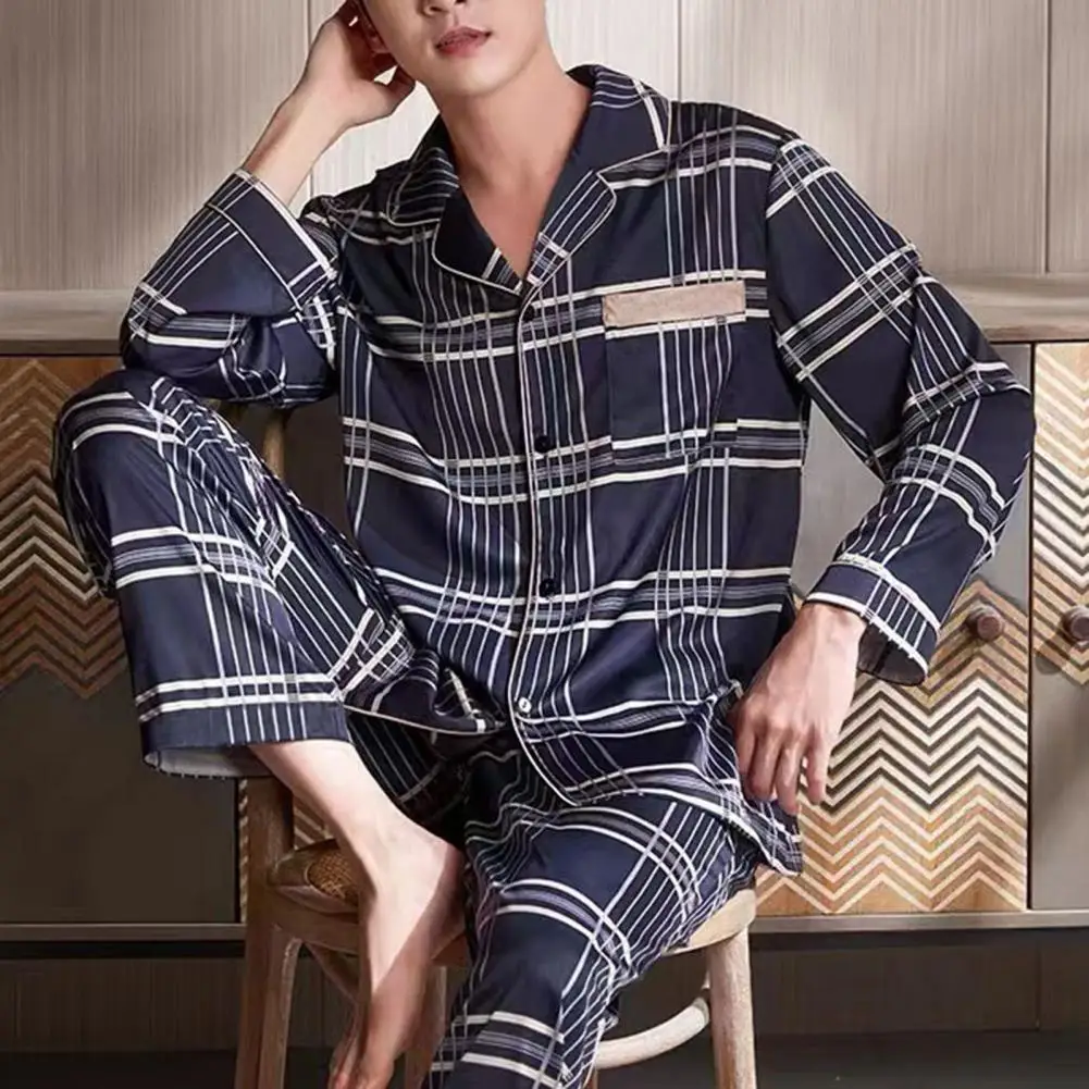 Plaid Cotton Mens Long Sleeve Sleepwear Spring Cardigan Home Clothes Male Korean Fashion Pijamas Set 2Pcs Nightwear Pyjamas