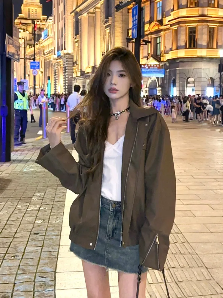 

Adan повседневная свободная женская байкерская куртка кофейного цвета осенняя мода корейская ретро Sle из полиэфирного волокна или верхняя одежда