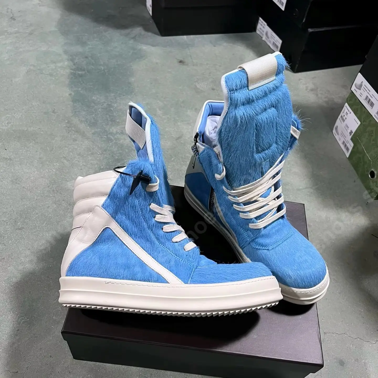 Ricks Classic Design Men Owens shoe Horse Hair Women High Top Sneaker Blue Horsehair With White Leather Outside Zipper Flat Shoe