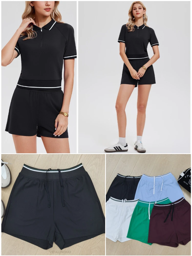 VITALINOVO 2-teiliges Workout-Set für Damen Poloshirts mit Kragen Hochgeschnittene Laufshorts Zweiteiliges Passendes Trainingsoutfit – Detail 10