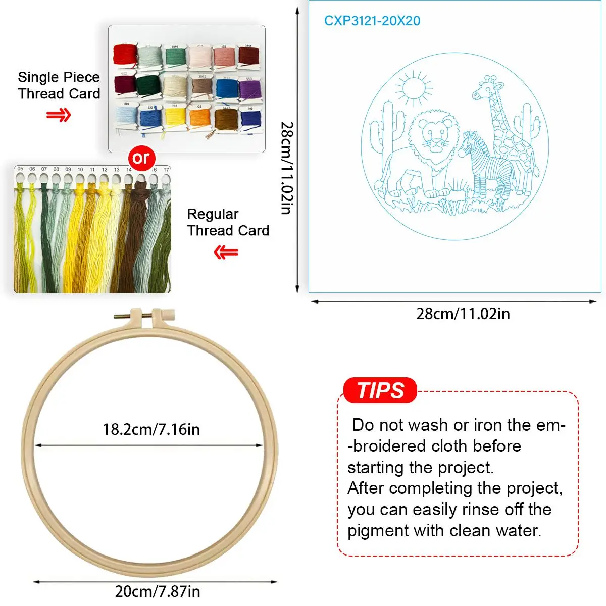 1 Stück 20X20CM/15X15CM 7,87/6,3 Zoll Zoo-Stickerei-Starter-Kit DIY-Kit DIY-Stickerei-Set Handarbeits-Set für Anfänger – Detail 4