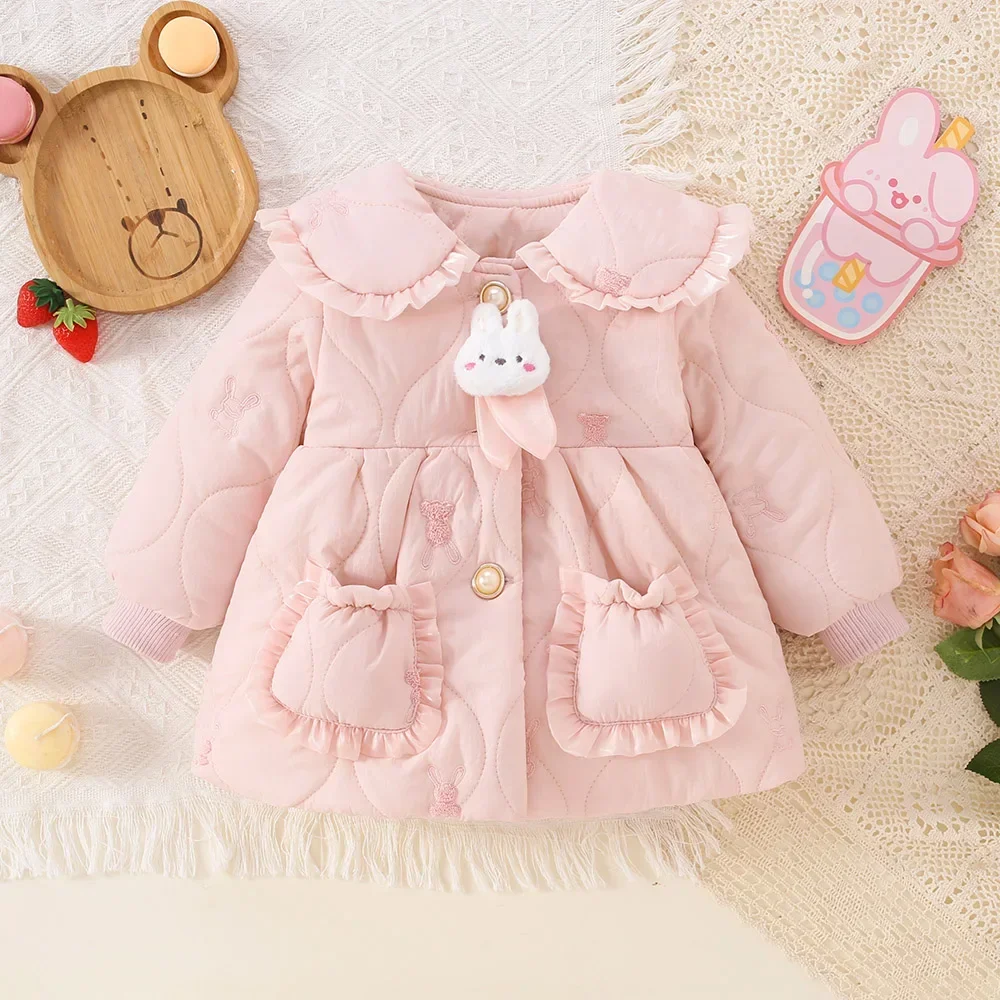 (0-4 Years Old Girls) Winter New Girls\' Coat Lapel Lace Ruffle Bunny Fluffy Sweet Coat Fashion All-Match Coat Long Sleeves