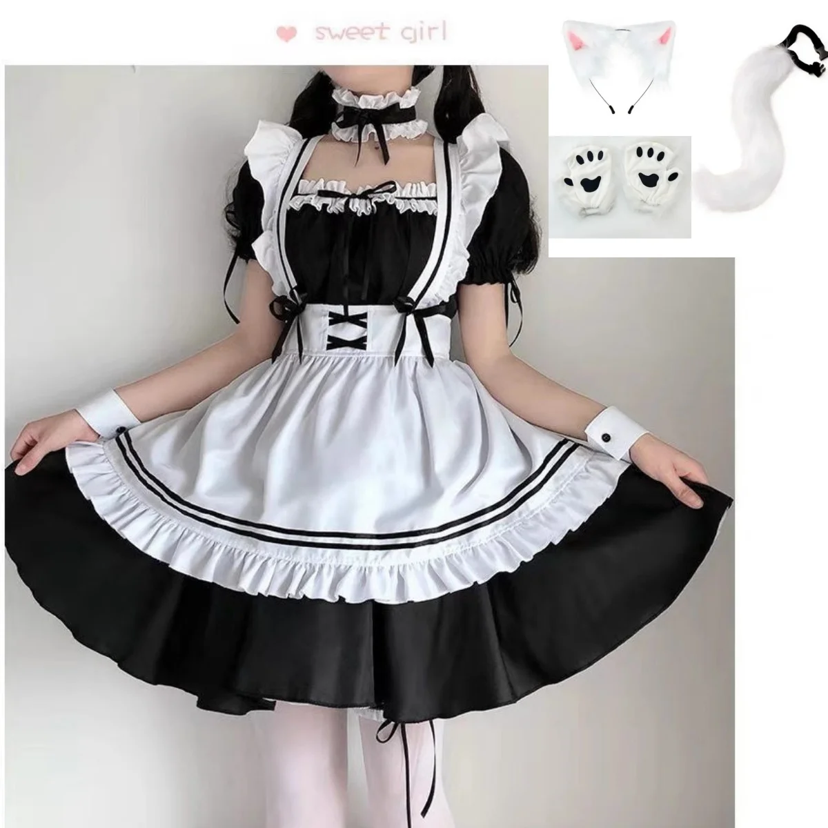 

Lolita Black White Maid Costume Cosplay Costumes Cute Dress + Fluffy Fox Tail Fox Ears Cat Paws Gloves Costume Accessories