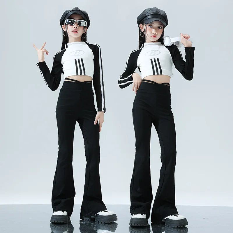 

Girl Outfits Jazz Dance Performance Costume Black Crop Top Flared Pants Set Children's Cool Hip-hop Dance Wear