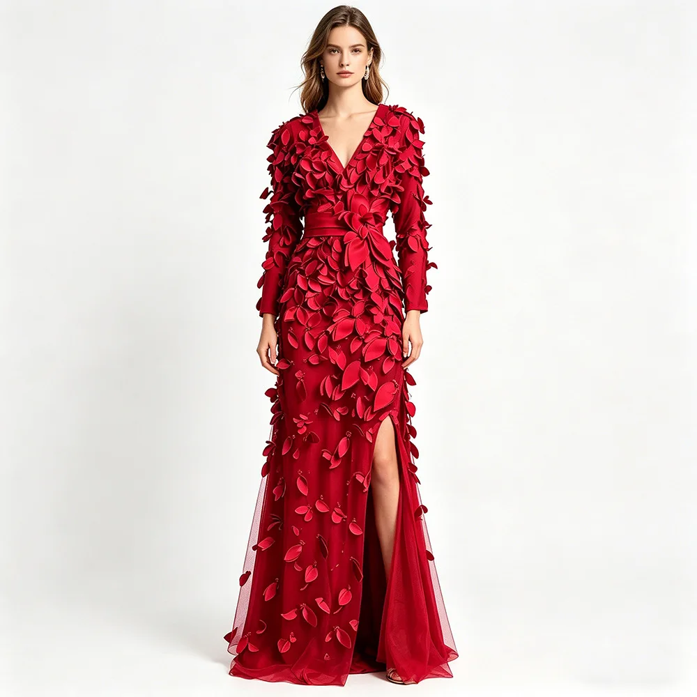 

Evening Long Dress 2026 European and American Fashion Heavy Industry Three-Dimensional Flower Split Long Dress