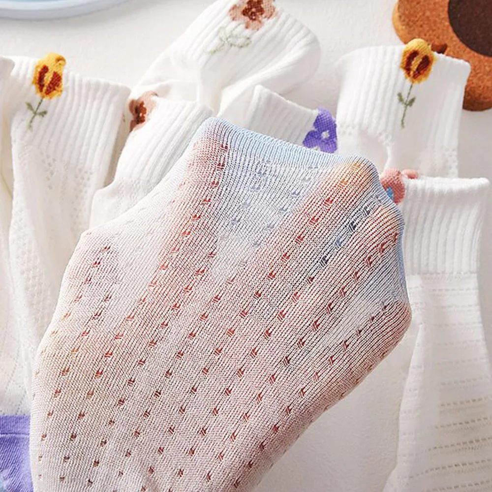 5/10 Pairs Women Flower Patterned Knitted Short Socks Summer Lightweight Sweat absorption Breathable Sweet Style Casual Socks ﻿﻿