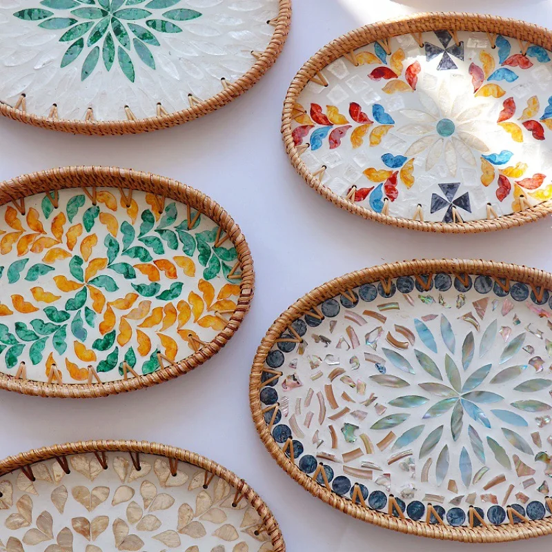 Autumn vine Nordic creative rattan woven colored shell fruit plate decorative ornament jewelry storage tray tea tray storage